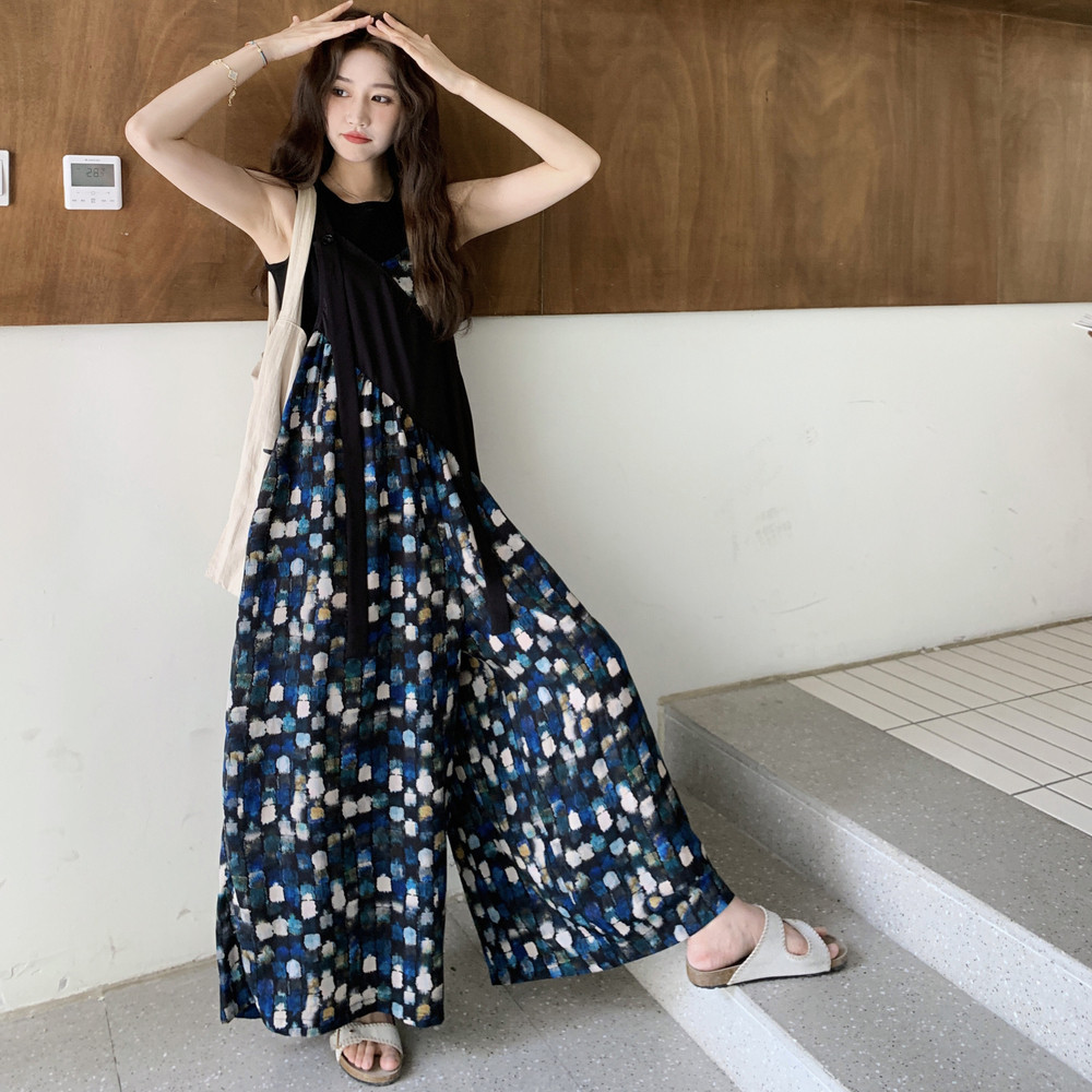 黑色复古油画风印花连体裤女夏新款显瘦休闲慵懒设计感小众阔腿裤，女装连体裤，2C121