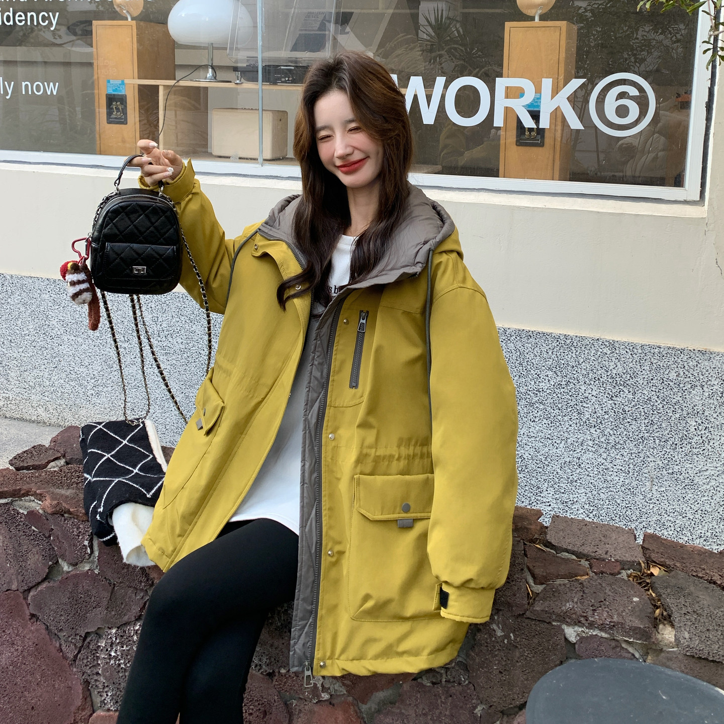 韩范工装风连帽羽绒服女2025冬季新款设计感中长款黄色保暖外套,女装短外套,2C121