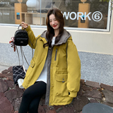 韩范工装风连帽羽绒服女2025冬季新款设计感中长款黄色保暖外套，女装短外套，2C121