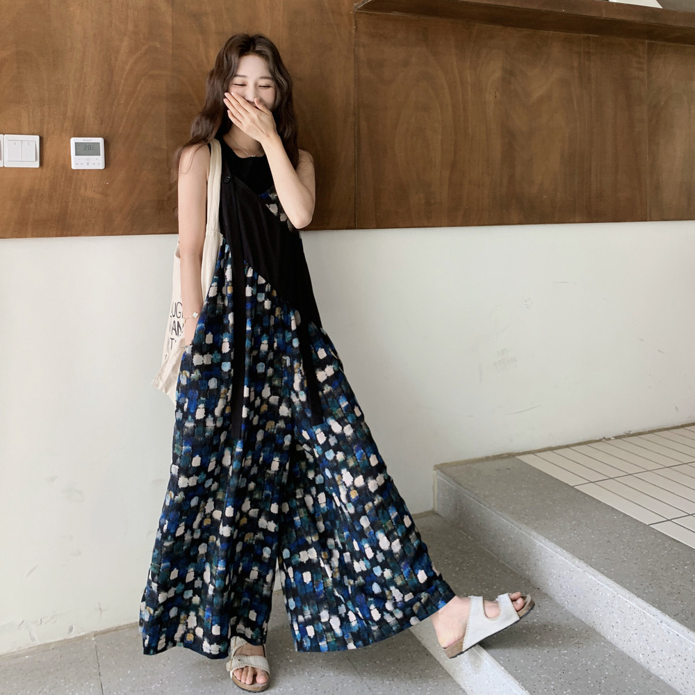 黑色复古油画风印花连体裤女夏新款显瘦休闲慵懒设计感小众阔腿裤,女装连体裤,2C121