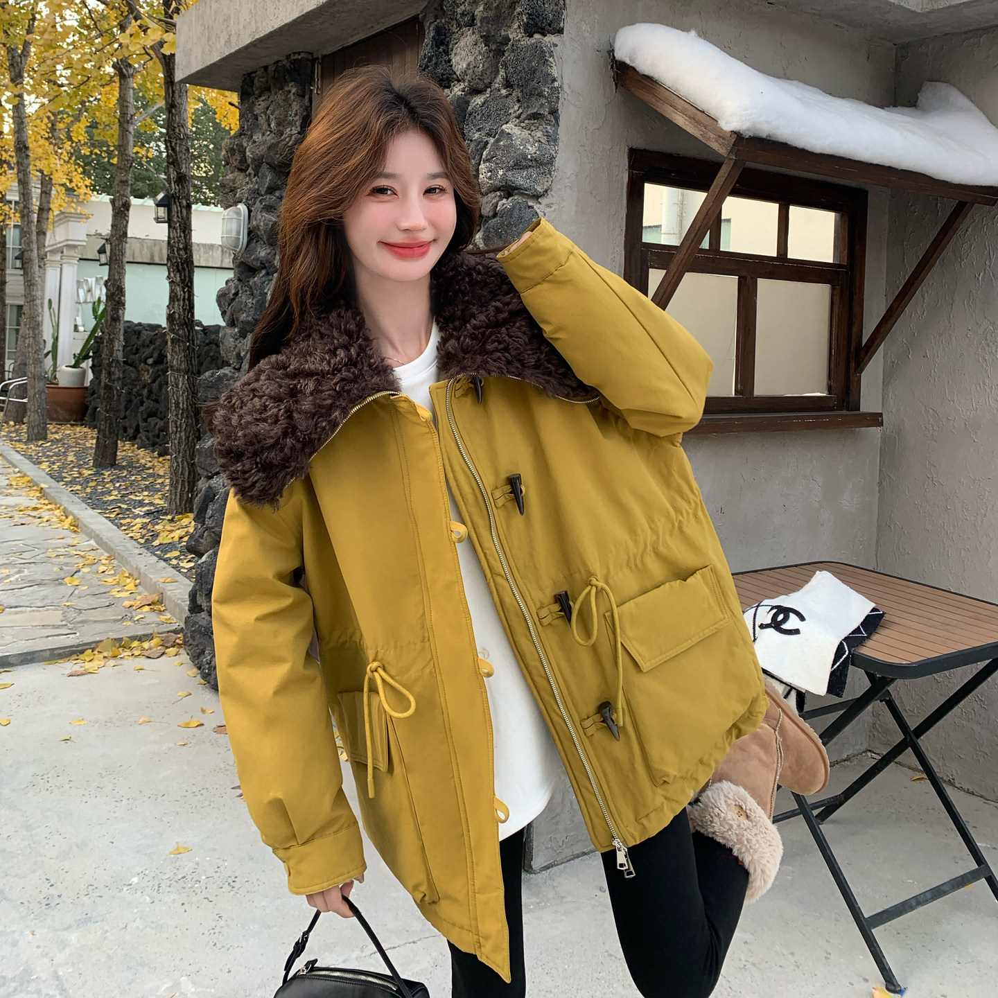 【新品】亮黄色拼接毛领保暖羽绒内胆派克服2263-P285-控418,女装派克服,2C121