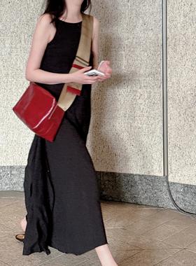 新中式复古小方包时尚豆腐包油蜡牛皮女包撞色宽肩带单肩包斜挎包