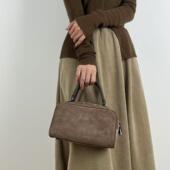 真皮保龄球包羊皮手提包小众设计麂皮小方包里外全皮羊京绒包包