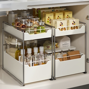 厨房下水槽置物架多功能抽拉式双层调料碗碟收纳架柜内分层储物架