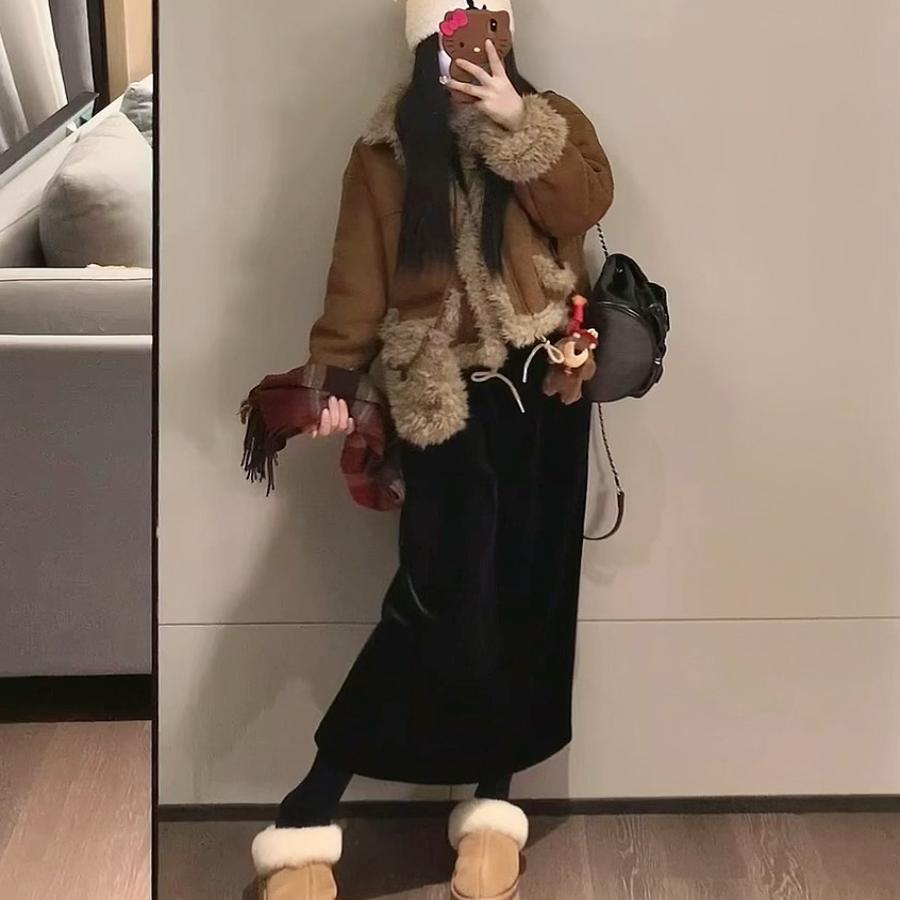 半身长裙H版百搭加绒加厚丝绒裙