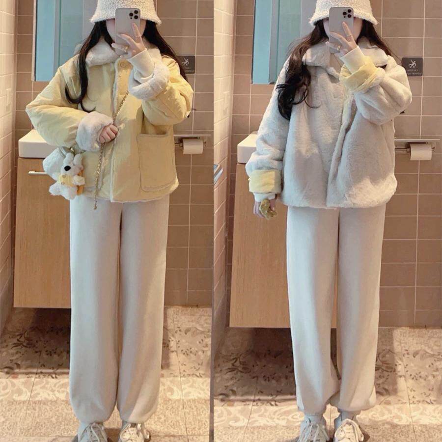 正反我都要~两面穿的棉袄/羊羔毛大口袋翻领棉服女双面扣宽松外套