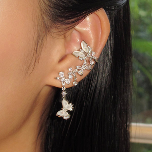 不对称天然白贝母蝴蝶耳环女新款轻奢高级感气质锆石耳钉耳夹一体
