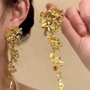 法式复古金色花朵流苏耳环夸张轻奢高级感气质耳饰方圆脸中古耳钉