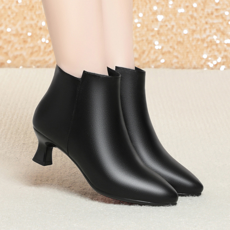 时尚气质单靴黑色皮鞋工作鞋女鞋软皮软底加绒棉鞋小跟靴子秋冬款