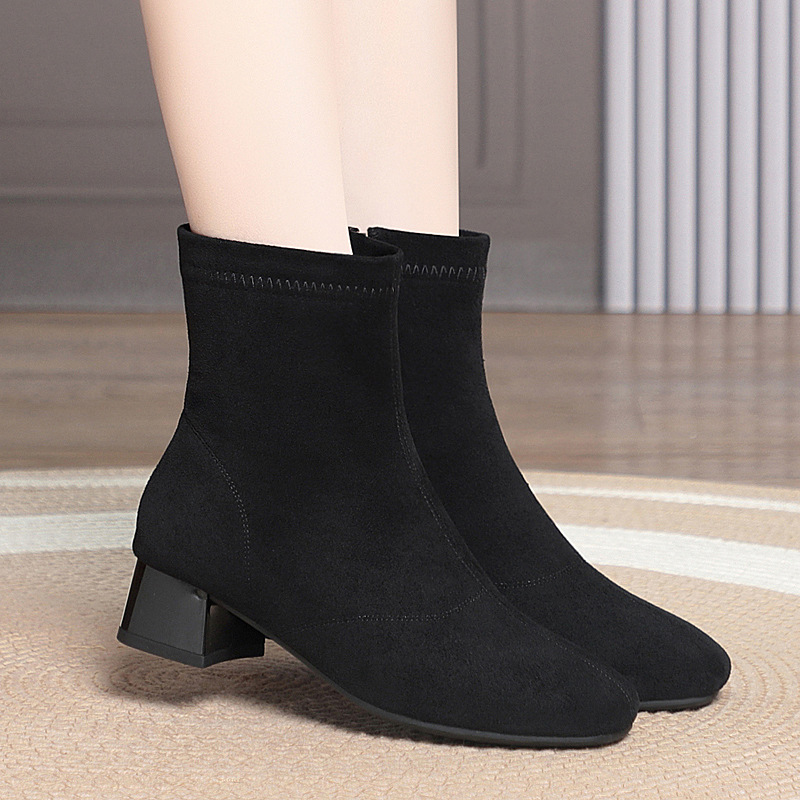 时尚侧拉链粗跟圆头绒面中筒黑色女士瘦瘦靴子秋冬季加绒舒适磨砂