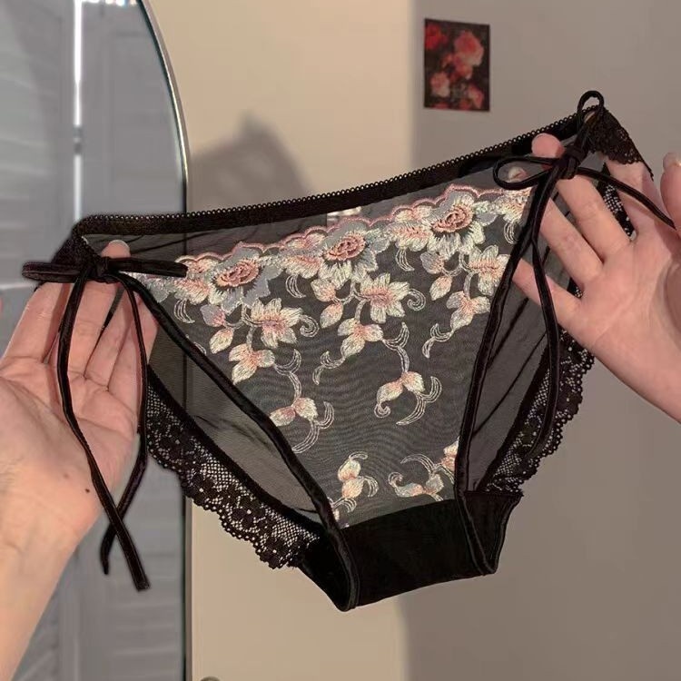 刘记繁花绮梦~女士法式性感纯欲风绑带禁欲系女生刺绣蕾丝内裤女