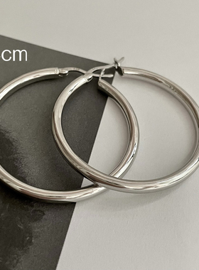 通体S925纯银大圆圈耳环女高级感欧美几何光面耳圈气质百搭耳饰