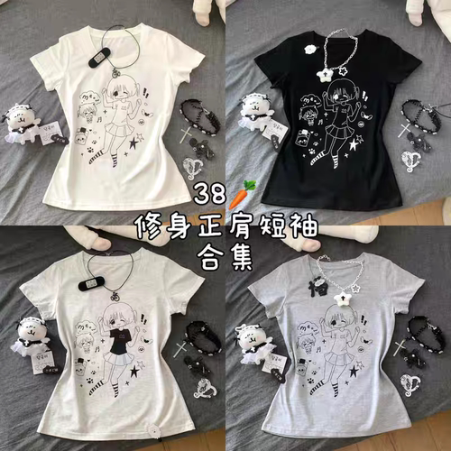 原创日系亚文化宅系夏季纯棉印花短袖女辣妹百搭修身正肩日常T恤