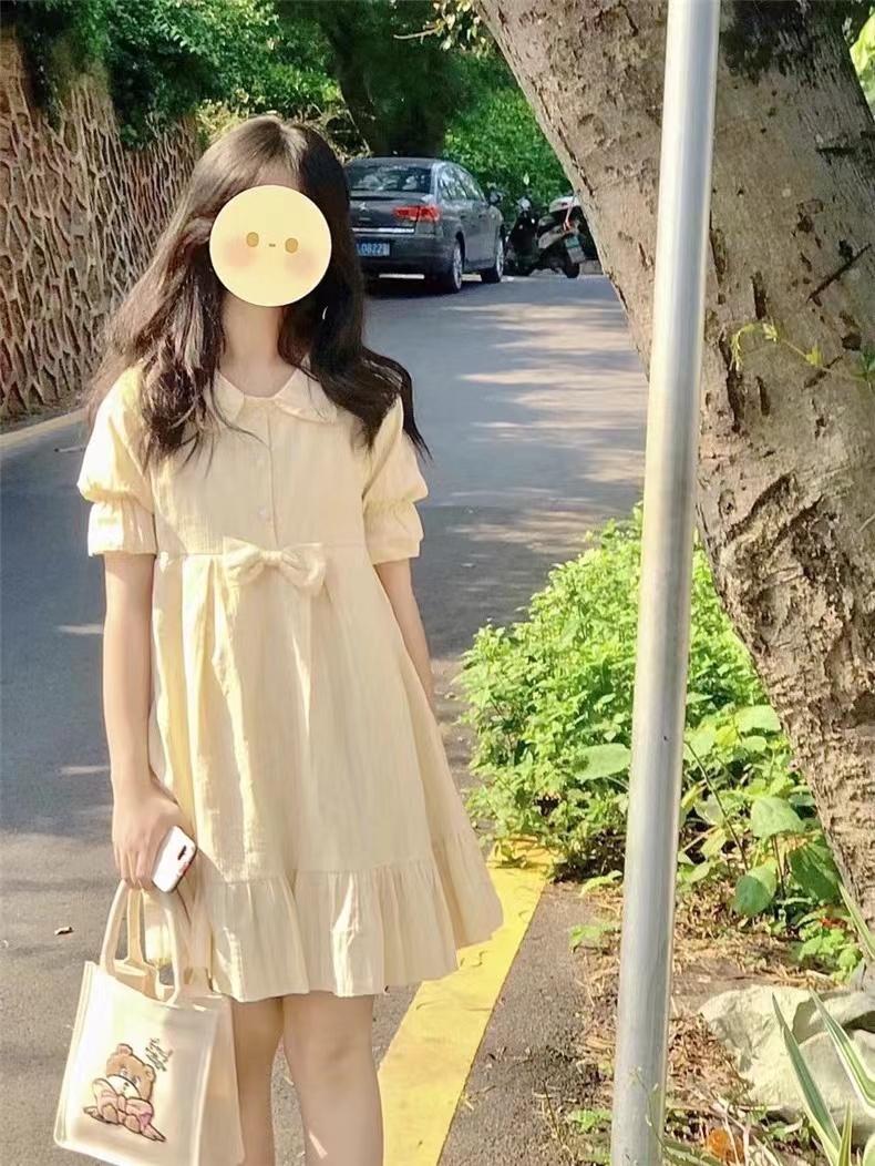 法式初恋清纯奶甜2023夏季泡泡袖polo连衣裙女娃娃领公主裙小个子