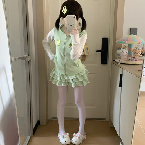 原创自制日系秋冬连帽修身卫衣外套女四叶草小猫刺绣软妹外套女