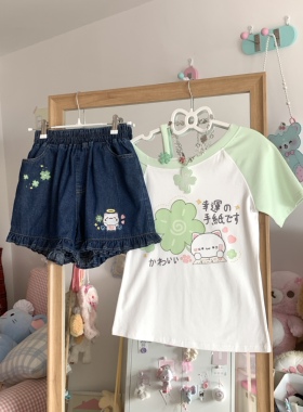 原创日系软妹幸运草宅系宅萌感印花斜肩纯棉短袖女牛仔花边短裤女