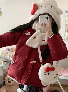 原创日系kt猫双面穿白鸭绒羽绒服女冬季小个子宽松学院风加厚外套