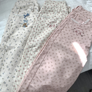 原创日系小个子甜美碎花直筒牛仔裤女春夏款宽松高腰显瘦休闲裤女