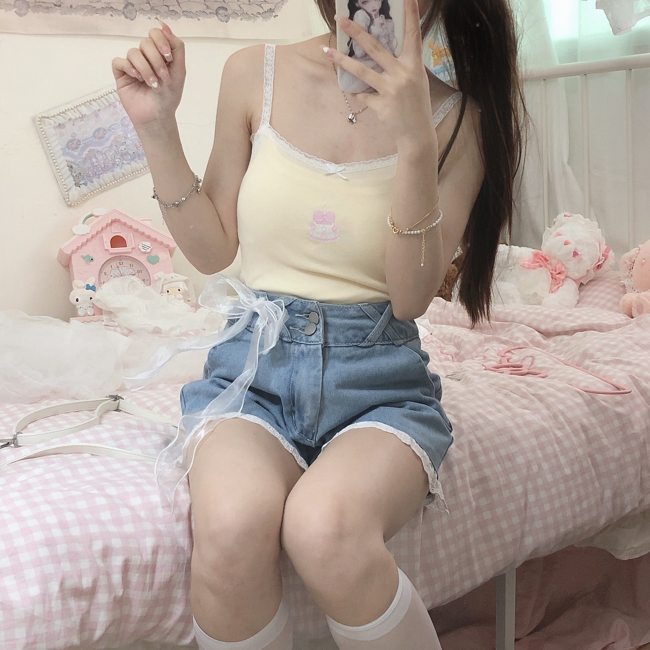 原创自制可爱少女吊带背心夏季新款法式内搭蕾丝修身软妹百搭学生