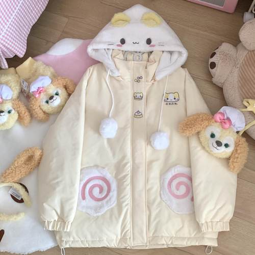 blurredbear原创甜美可爱软妹棉花糖猫连帽棉服插肩袖保暖外套女