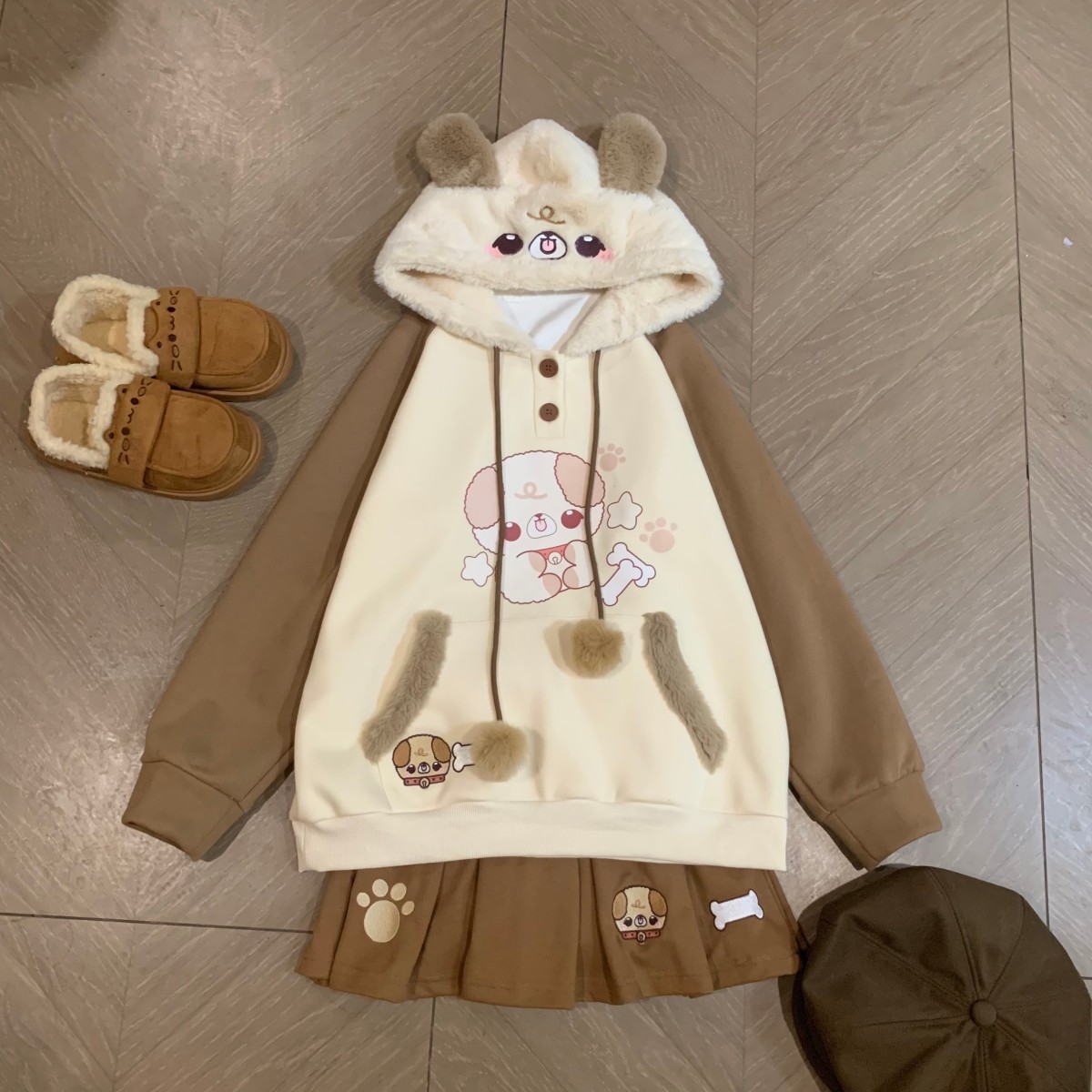 Blurred bear原创日系宅萌杏色小狗撞色毛茸茸加绒加厚连帽卫衣女