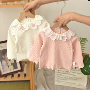 女婴儿童纯棉上衣宝宝洋气娃娃领打底衫 新款 t恤2024秋装 女童长袖