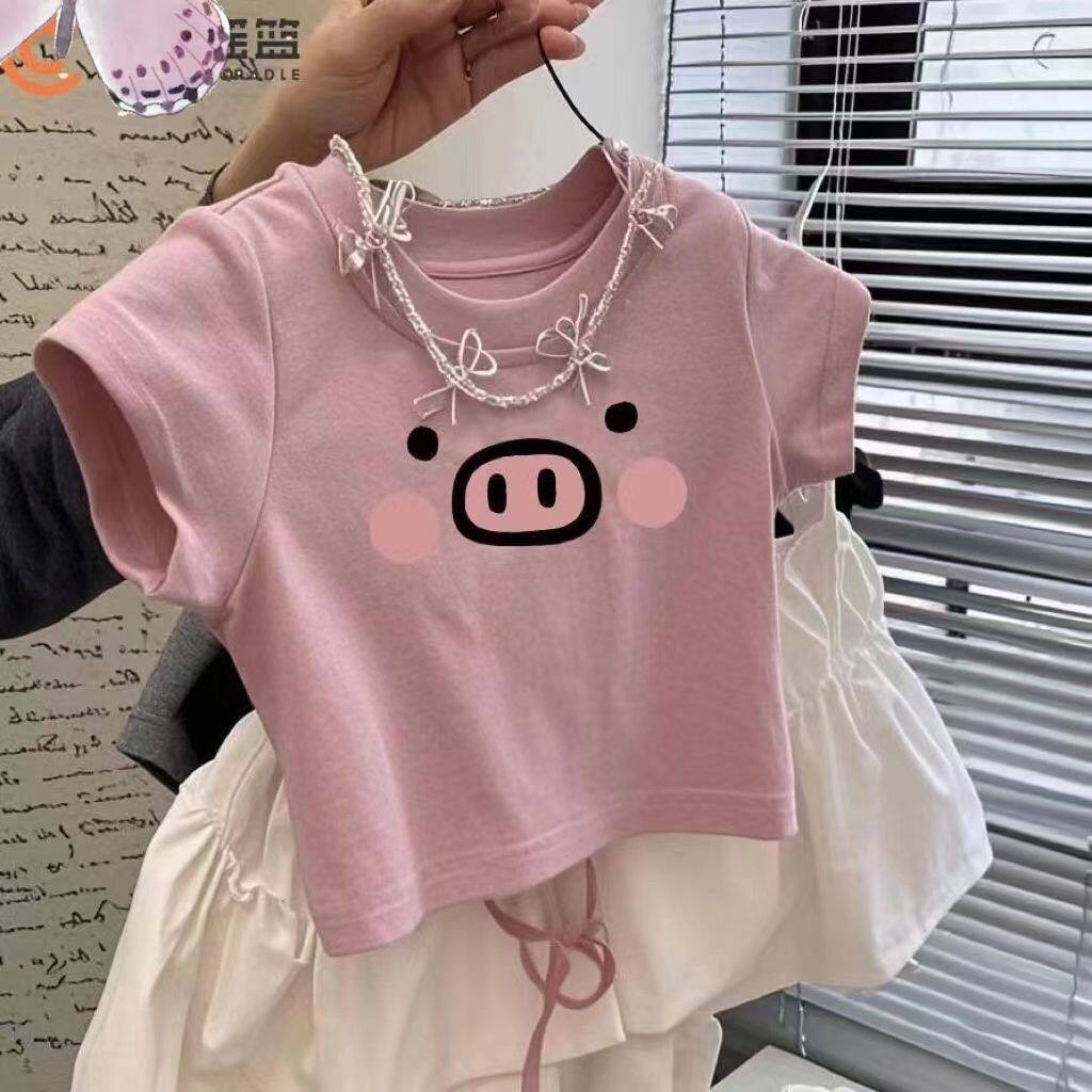 【重磅220克好品质】女童短款纯棉露背短袖T恤韩版印花洋气上衣潮