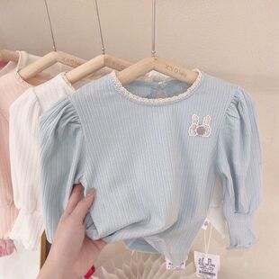 女宝宝打底衫2024春秋款童装新款儿童泡泡袖长袖T恤女童纯棉上衣