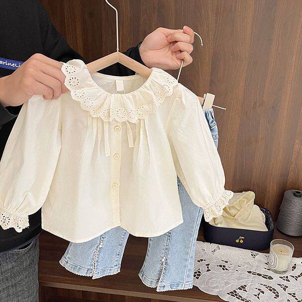 女宝宝泡泡袖衬衫上衣女婴儿童秋装新款2024女童蕾丝边童装娃娃衫