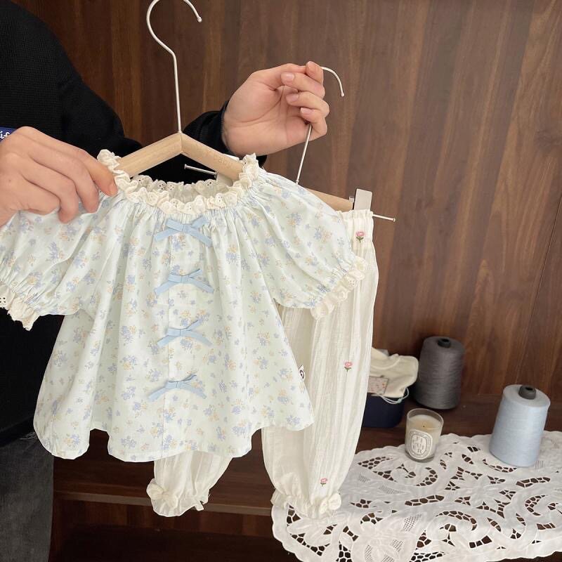 女童碎花衬衫2024夏季新款儿童洋气娃娃衫女宝宝泡泡袖上衣T恤