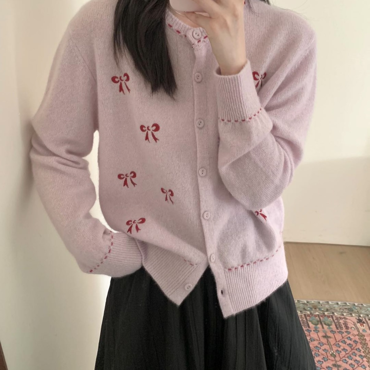 TOMORROW-补贝熊绒蝴蝶结刺绣开衫保暖毛衣（含73.6绵羊毛）YH620