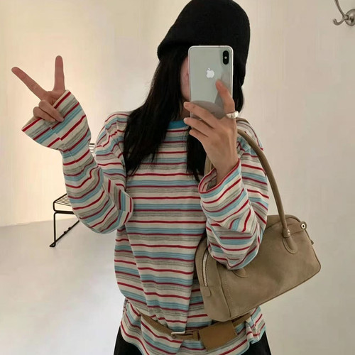 Hand made-2026秋冬复古文艺简约条纹圆领长袖T恤女长袖T恤R8012