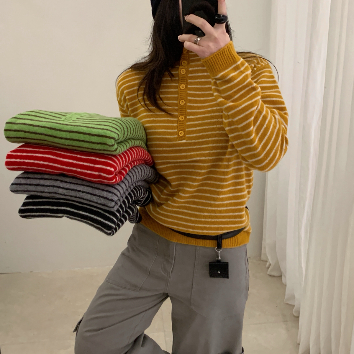 Find Time-扣～全毛半纽扣半高领百搭打底毛衣(含100绵羊毛)L6115