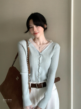 DARA ROSE-美设计韩国温柔蕾丝拼接V领显瘦百搭毛衣针织开衫S8368