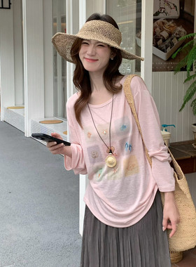 SUSAN-海洋印花宽松薄款微透防晒长袖T恤(配挂饰)（含20棉料）Si6