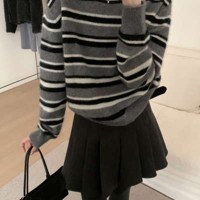 TOMORROW-系经典极简撞色浣熊条纹套头毛衣(含26.6绵羊毛)HS5842