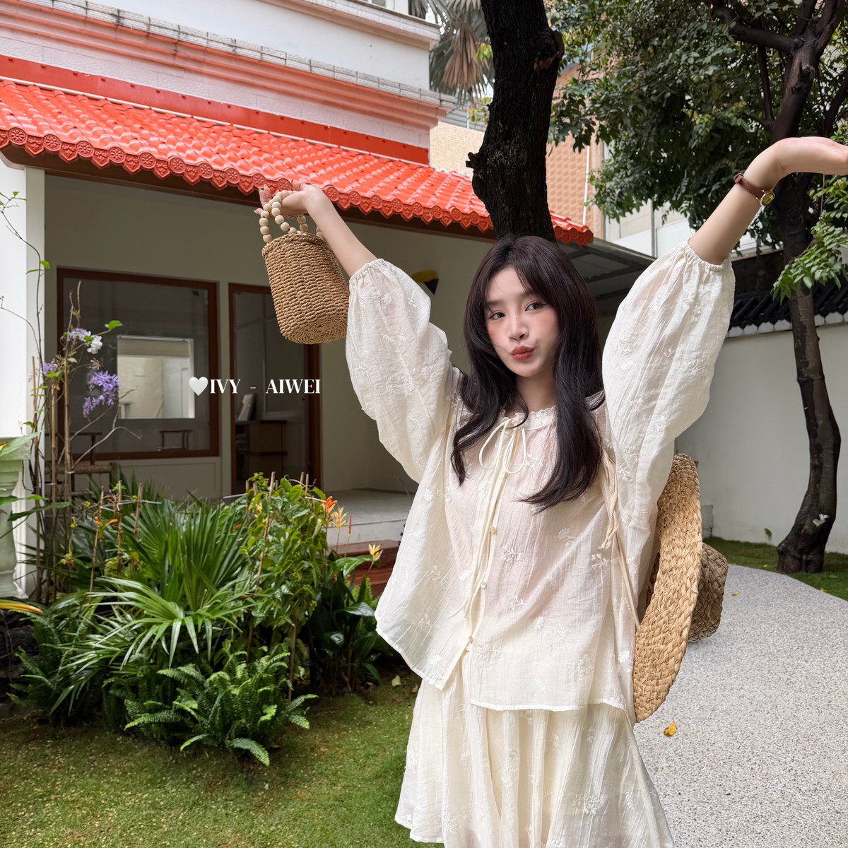 艾薇-韩系精致提花绑带防晒小衫+松紧腰休闲短裤两件套套装83605
