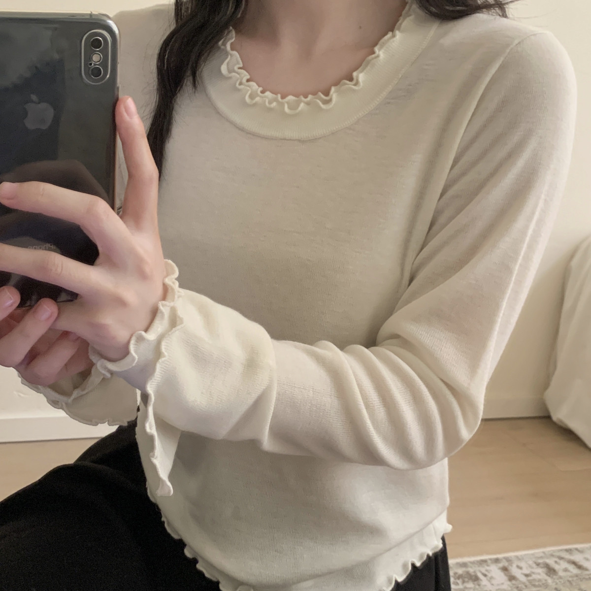 MUUTIS牧缇-系温柔木耳边针织超细羊毛打底衫（含32.1绵羊毛）FE5