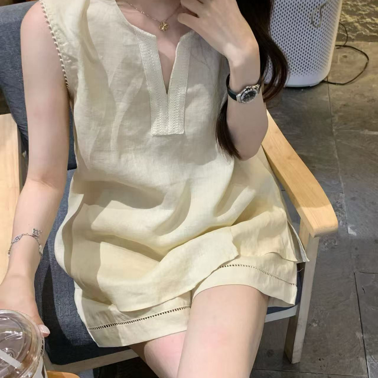 in.11-26夏上新法式休闲纯色短款无袖背心+短裤两件套套装26813