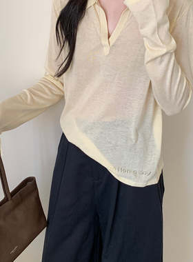 MUUTIS牧缇-春韩系时尚剪刀领翻领v领长袖天丝亚麻针织衫GXB552&