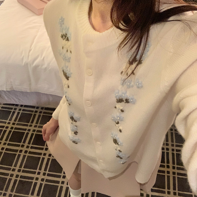 PEARL-新100全羊毛重工小花花刺绣针织开衫毛衣P6671