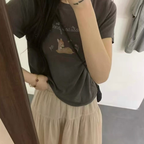 Hand made-品印花短袖T恤女慵懒休闲圆领短袖T恤(不配挂件)R269h