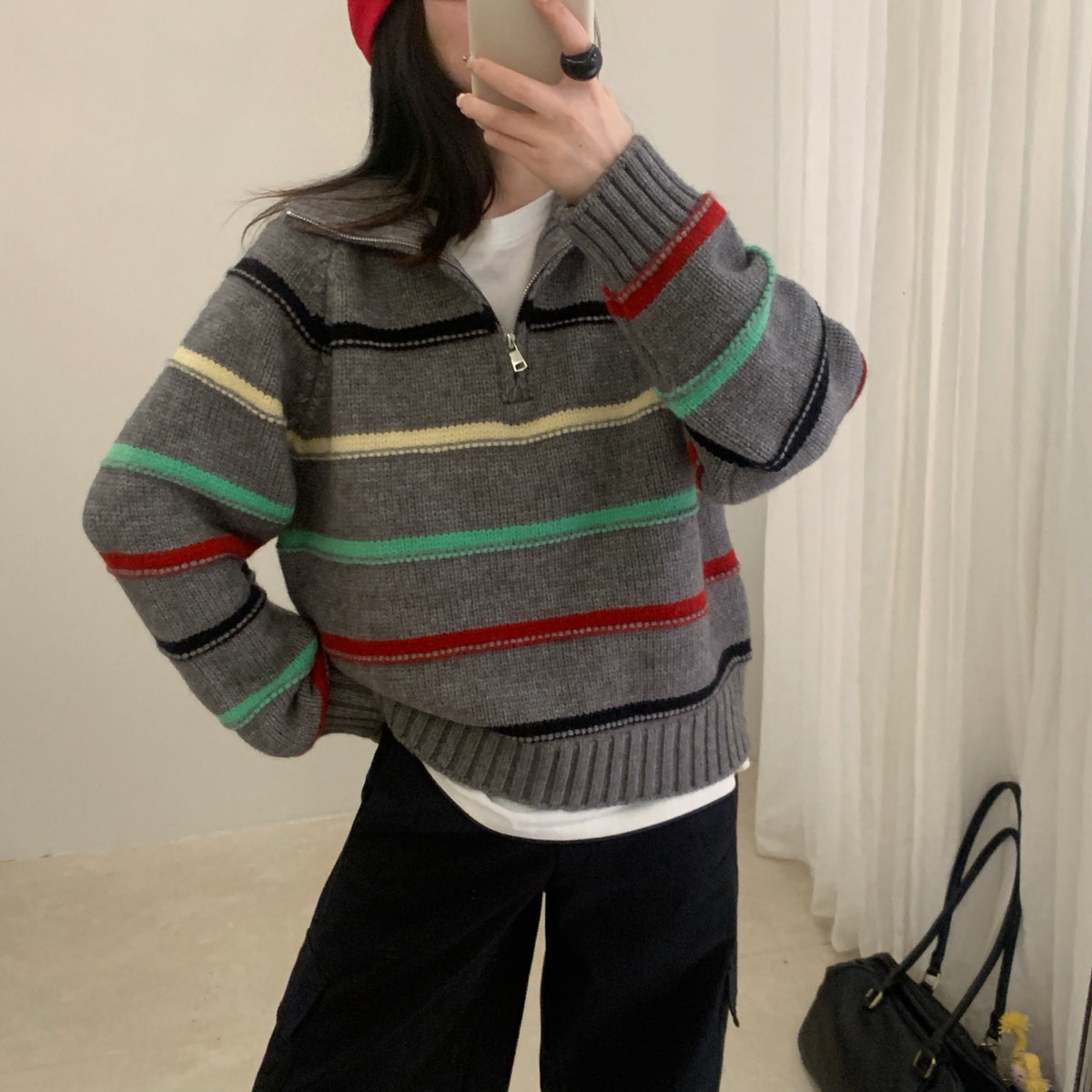 Find Time-好心情彩虹毛衣～韩系半拉链彩红条纹套头毛衣L61135