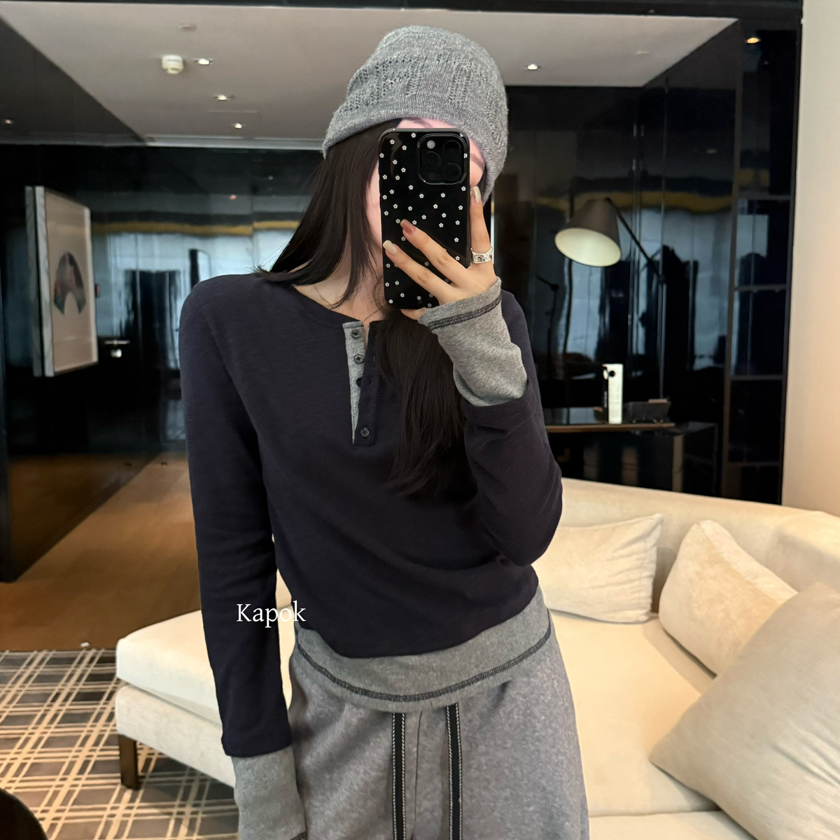 KAPOK-重磅主推加绒半开领撞色拼接假两件打底衫小衫25789