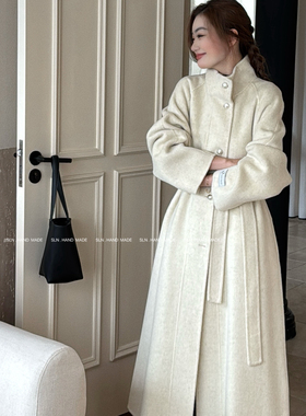 SLN-韩系立领定制金属扣长款羊毛外套(配腰带)（含100羊毛）AL306