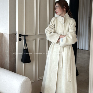 SLN-韩系立领定制金属扣长款羊毛外套(配腰带)（含100羊毛）AL306