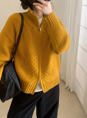 Find Time-麻花开衫高翻领复古扭花外搭双拉链开衫保暖毛衣L61043