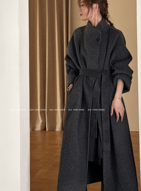 SLN-荐简约百搭款一粒扣长款羊毛外套(配腰带)（含100羊毛）L7178