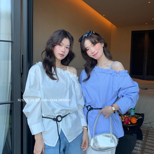MT097 配腰绳 SUSAN 26年早春韩系气质花边斜肩气质小衫