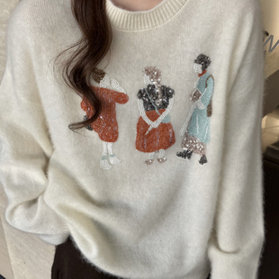 9092 含100绵羊毛 TB媞宝 毛钉珠亮片设计感慵懒风人物保暖毛衣